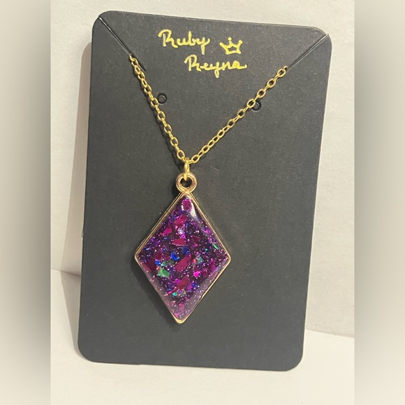 Handmade Purple Galaxy Resin Necklace – Glitter Diamond Pendant - Picture 5 of 6
